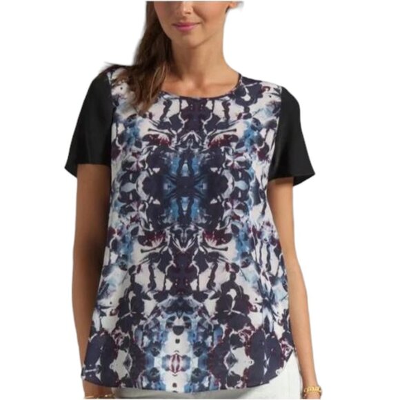 Rebecca Taylor  Blue black Abstract Printed Short Sleeve Silk Blouse Size 8 - Picture 16 of 16